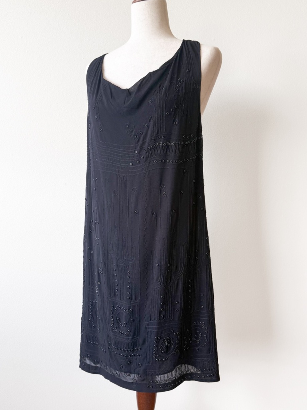 Vince Black Silk Shift Dress with Embroidery and Eyelet Detailing, Size 8